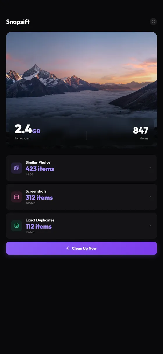 Snapsift dashboard showing duplicate scan results