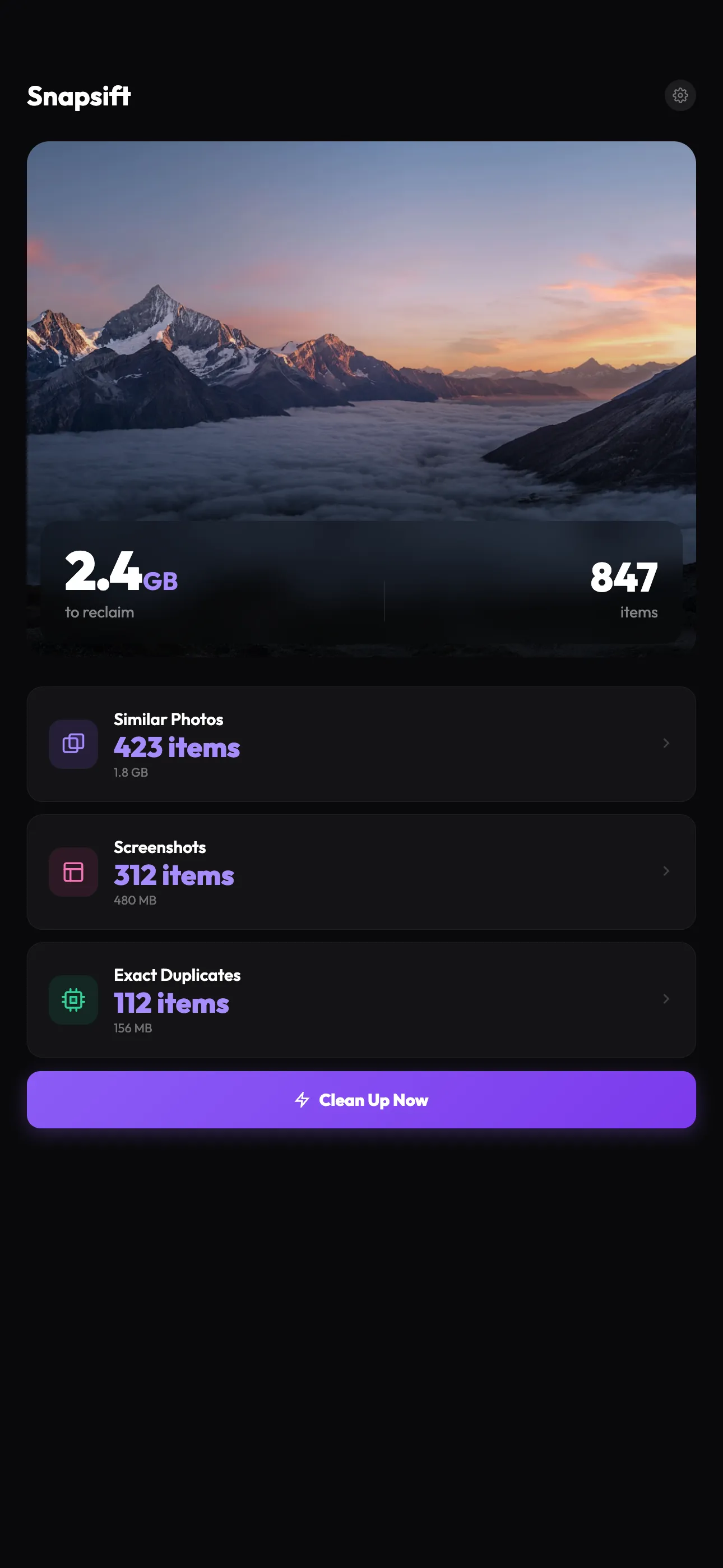 Snapsift dashboard showing 2.4 GB to reclaim across 847 photos