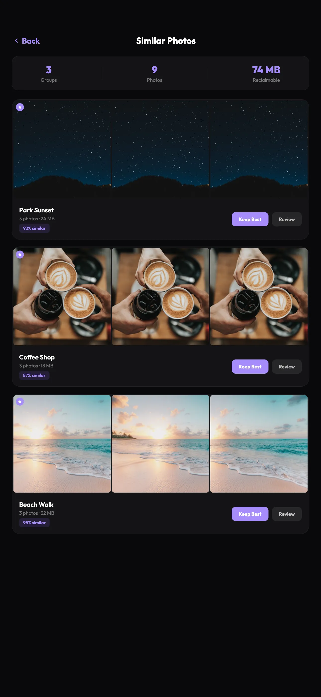 Snapsift Similar Photos screen grouping near-identical shots into Park Sunset, Coffee Shop, and Beach Walk clusters