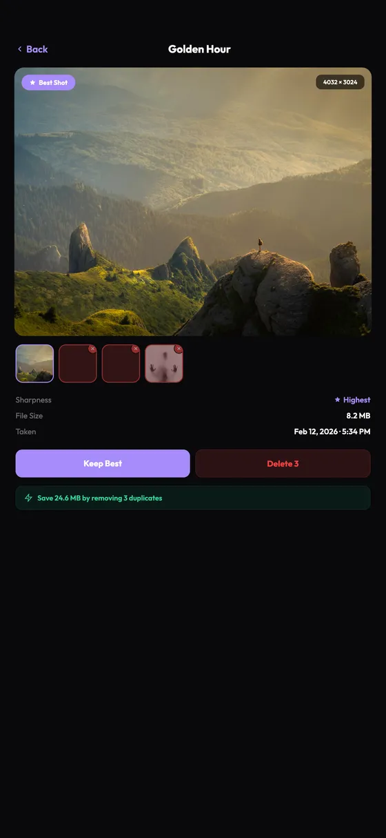 Snapsift one-tap cleanup selecting the best photo