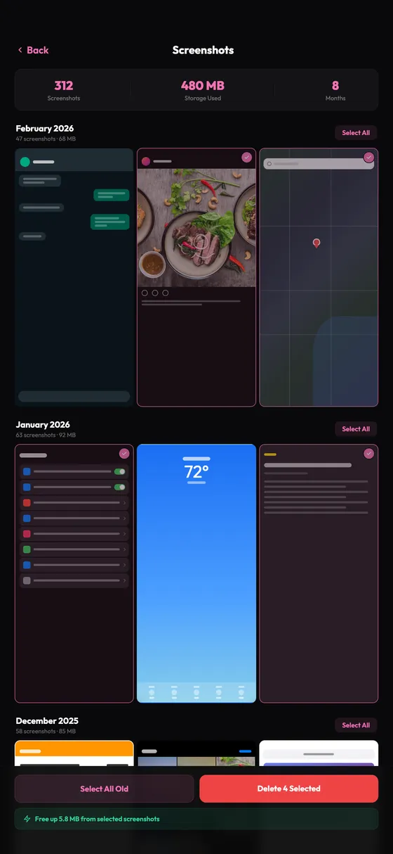 Snapsift screenshot cleanup organized by month